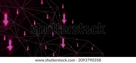 Energetic multiple red arrows going up, with polygonal grid with arrows, negative result, design element with digital design and vector. Decreasing and failure data transfer. Futuristic concept