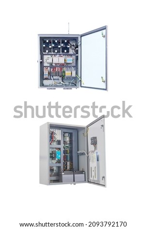 two electrical control cabinets for various purposes with an open door isolated on white background Royalty-Free Stock Photo #2093792170
