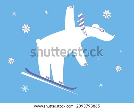 Funny bear a snowboarder illustration. 
Cartoon polar bear rides on snowboard white on blue background
