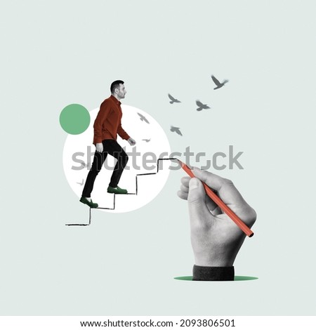 Collage with a young man and a career ladder. Business concept. Royalty-Free Stock Photo #2093806501