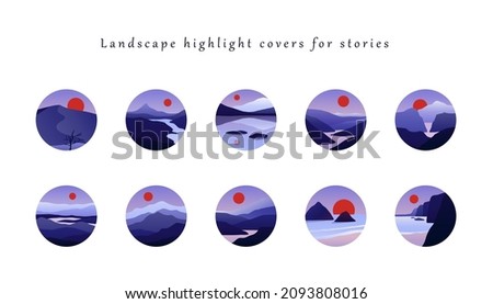 Mountain landscape icons. Abstract nature symbols - river, sea, hill, horizon, sun, moon. Flat highlight covers for stories