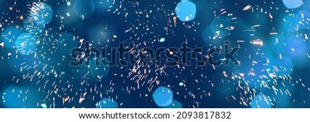 Panoramic blue festive background of firework. Wide angle Excellent Holiday texture for design greeting card, flyer for Christmas, New year, anniversary. Happiness and joy concept. Beautiful wallpaper
