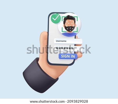 Hand holding mobile smart phone with face recognition app. 3D Web Vector Illustrations. Identification of a person through the system of recognition of a human face. 3D free to edit. Smartphone scan. Royalty-Free Stock Photo #2093829028