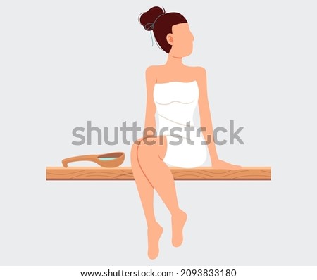 Woman sitting and relaxing in sauna isolated on white. Bathhouse or banya. Wellness spa procedures. Female character in hot steam bath resting alone. Girl takes care of health, enjoys in steam-room
