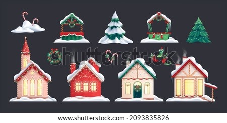 Christmas houses set on dark background with isolated icons of new year decorations and gingerbread houses vector illustration