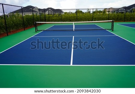 Pickleball court in a tropical setting. Royalty-Free Stock Photo #2093842030