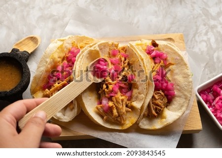 Pork meat tacos called cochinita pibil on a gray background. Traditional mexican food