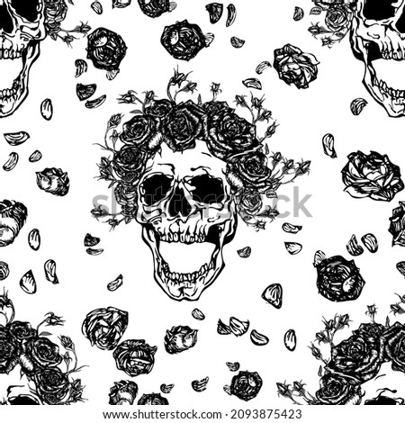 Seamless vector pattern of screaming skulls with roses wreath with buds on head and falling roses and petals on white background. Hand drawn black and white illustration in tattoo style.