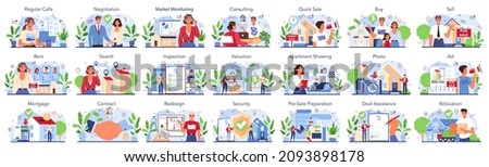 Real estate industry or realtor concept set. Realtor assistance and help in mortgage contract. Real estate market analysis searching, inspection, redesign. Investing project. Vector illustration Royalty-Free Stock Photo #2093898178