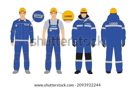 Workwear branding. Blanks for corporate identity. Blue and gray colors. Man in winter jacket and overalls Royalty-Free Stock Photo #2093922244