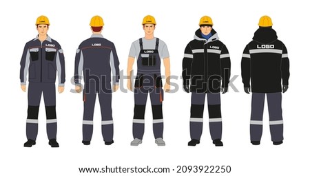 Workwear branding. Blanks for corporate identity. Black and gray colors. A man in a winter jacket and overalls Royalty-Free Stock Photo #2093922250