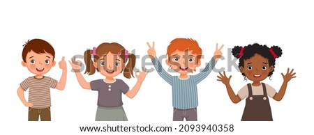 Cute happy children with different positive emotions, feelings, excited facial expressions, thumb up and waving hand gestures, success V sign ,self confidence, and optimistic body languages.