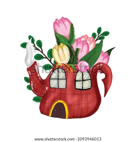 Watercolor teapot house with floral rose. Home sweet home hand drawn illustration isolated on white background. Picture for a postcard, souvenir, decor