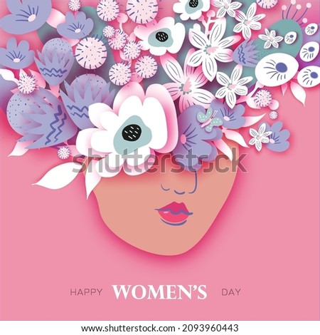 Beautiful female face. Floral vase woman. Flower bouquet. Happy Women's day. Happy Mother's Day. Venera, Venus female concept paper cut style. Bodypositive. 8 March. Pink. White. Very peri. Vector Royalty-Free Stock Photo #2093960443