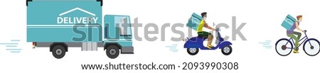 Online delivery service concept, online order tracking, delivery home and office. Warehouse, truck, drone, scooter and bicycle courier, delivery man in respiratory mask. Vector illustration
