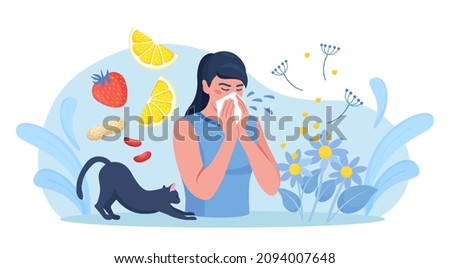 Woman with allergy from pollen, cat fur, citrus, peanuts or berry. Runny nose and watery eyes. Seasonal disease. Causes of allergy. Illness with cough, cold and sneeze symptoms. Vector illustration Royalty-Free Stock Photo #2094007648