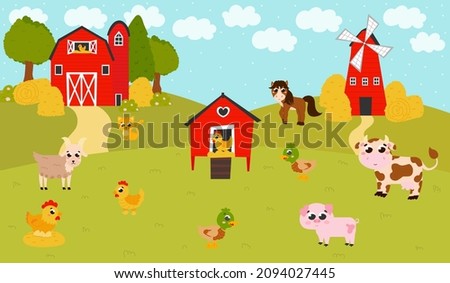 Farm background with barn and windmill, henhouse and farm animals in cartoon style for children books, posters or games Royalty-Free Stock Photo #2094027445