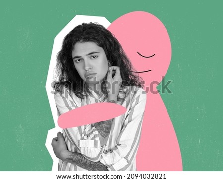 Hugs. Sad offended young girl and cute drawn cartoon little man- blot on bright background. Concept of social issues, mentality, psychology, care. Artwork. Copy space for ad. Green and pink