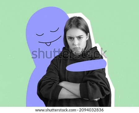 Inner voice, made up friend. Sad offended young girl and cute drawn cartoon little man- blot on bright background. Concept of social issues, mentality, psychology, care. Artwork. Copy space for ad