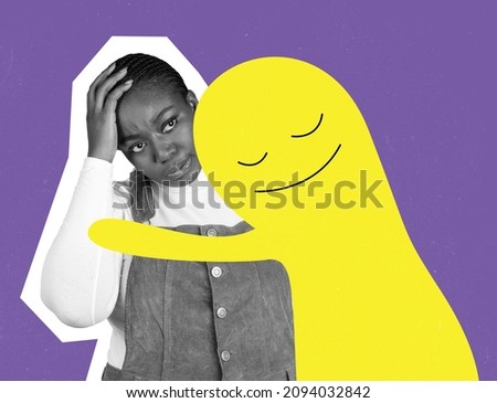 Teen, girl with personal problems standing with funny drawn cartoon little man, blot on bright background. Concept of social issues, mentality, psychology, care. Artwork. Copy space for ad