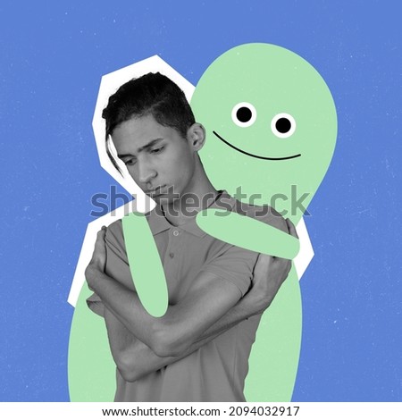 Friendly support. Sad man with personal problem and cute drawn cartoon little man, blot on bright background. Concept of social issues, mentality, psychology, care. Artwork. Copy space for ad