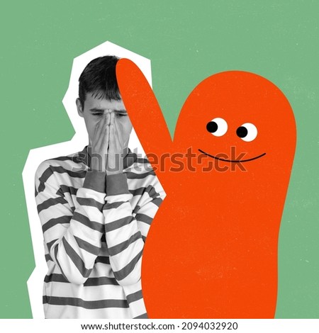 Support and understanding. Sad young boy with personal issues and cute orange drawn cartoon little man, blot on green background. Concept of social issues, mentality, psychology, care. Artwork.