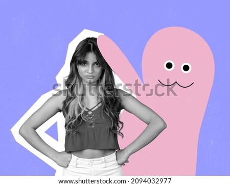 Teen, girl with personal problems standing with funny drawn cartoon little man, blot on bright background. Concept of social issues, mentality, psychology, care. Artwork. Copy space for ad