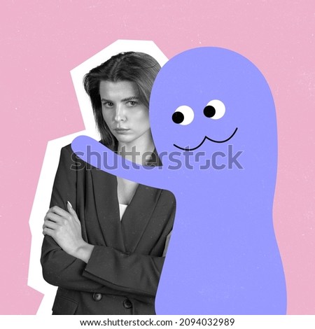 Inner voice, made up friend. Sad offended young girl and cute drawn cartoon little man- blot on bright background. Concept of social issues, mentality, psychology, care. Artwork. Copy space for ad