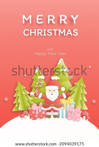 Merry Christmas and happy new year banner background with pine tree, snowman, gift box, Santa Clause. Paper art vector illustration