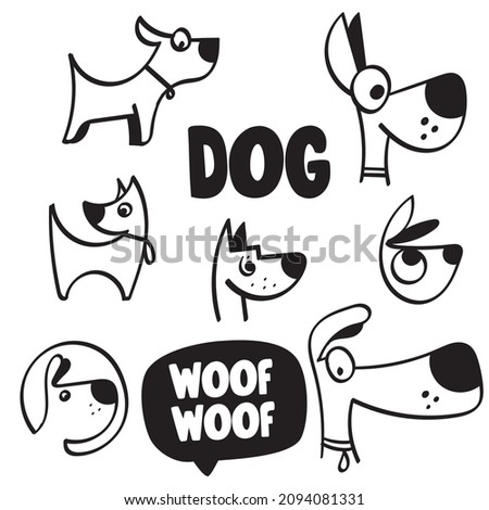 Hand drawn set of dog icons and pet in doodle style.