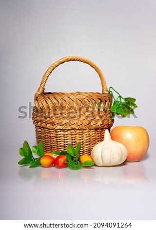 Composition with assorted organic vegetables and fruits.