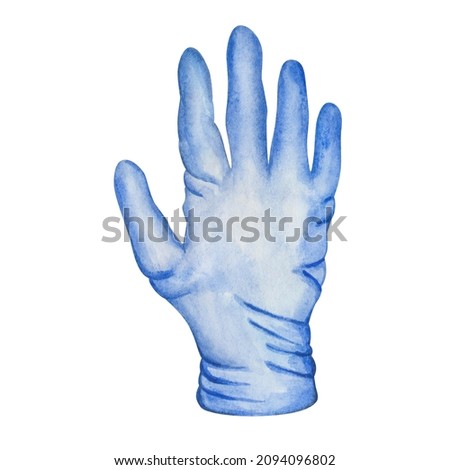 Watercolor illustration of hand painted medical blue glove isolated on white background. Personal protective equipment for medical personnel, hygiene product for hands. Health care item for posters