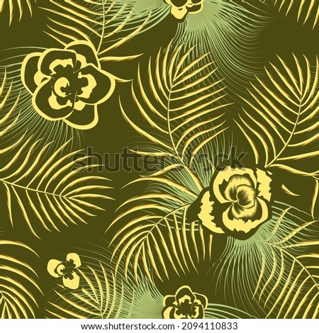 Composition with flowers plants and exotic palm leaves seamless pattern on dark green background. Jungle foliage illustration. Green and yellow. vector design decorative. Floral background. Summer art