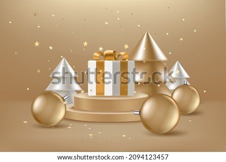 Christmas greeting card with abstract pines, gift boxand golden baubles. 3d vector illustration 
