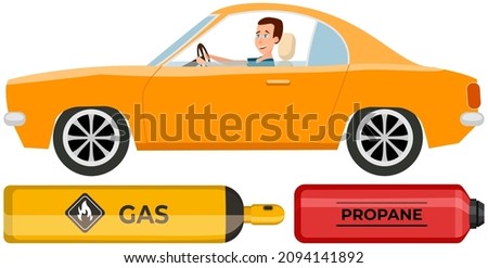 Cylinder, canister with fuel, gas storage. Container with flammable substance near man driving car. Metal tank with compressed propane. Pressurized gas cylinder next to guy in passenger automobile