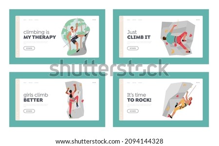 Climbers Mountaineering Extreme Sport Activity, Mountaineers Sport Landing Page Template Set. Male and Female Characters Climbing Mountain and Wall with Grips. Cartoon People Vector Illustration