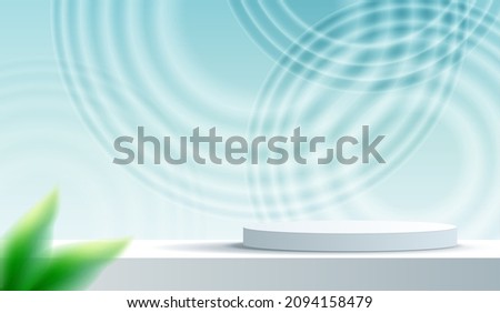 Premium podium display closeup of blue transparent clear calm water surface texture with splashes and bubbles for cosmetic moisturizer background. studio stage with shadow of background. vector design Royalty-Free Stock Photo #2094158479