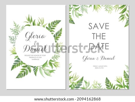 Wedding invitations with green leaves border. Invite card with place for text. Frame with forest herbs. Vector illustration.
