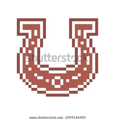 Pixel art horseshoe gingerbread cookie decorated with white sugar icing, 8 bit food icon isolated on white background. Christmas biscuit dessert. Winter holiday pastry. Saint Patrick's Day treat.