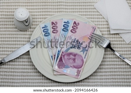Money spent on food concept.Turkish liras on a plate. Food expenses, expensive meals or eating money concept. Royalty-Free Stock Photo #2094166426