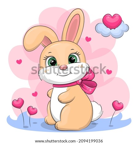 Cute cartoon rabbit with a big bow. Vector illustration of an animal on a pink background with hearts.