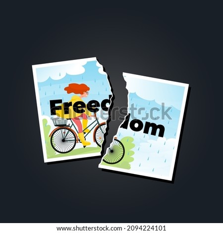 Torn photo of happy girl on a bicycle, with word freedom. On a black background.
