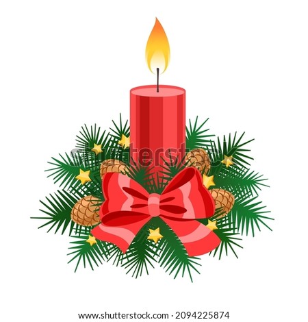 Burning red candle, spruce branches, cones, red bow, holiday vector illustration on white background, template for Christmas and New Year card, poster, banner.