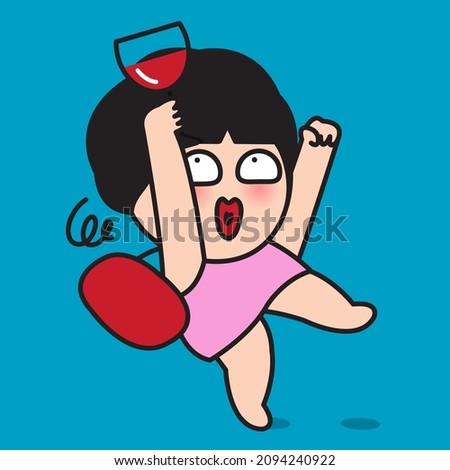Funny Drunk Girl With A Glass Of Wine In Hands Gone Wild. Addiction Alcoholic Woman Concept Card Character illustration