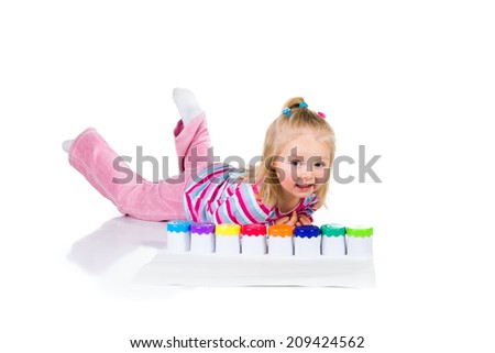 Child painting with fingers isolated on white 