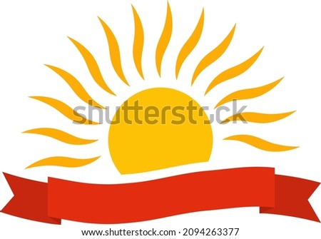 Sun badge with red festive ribbon. Isolated sun icon on white background. Vector illustration. Vector.