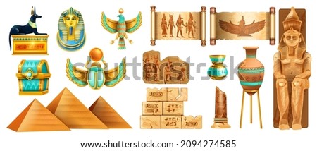 Egypt ancient stone vector set, archaeology Egyptian treasure, golden scarab, pharaoh mask, pyramid. Africa tourism travel culture object, historical papyrus scroll, tomb ruin wall. Egypt stone Anubis Royalty-Free Stock Photo #2094274585