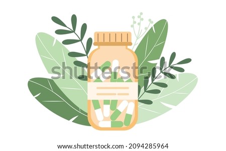 Homeopathic pills. Alternative medicine. Homeopathic treatment and phytotherapy concept. Herbal pills. Herbal capsules in a bottle against a background of leaves. Flat vector illustration. Royalty-Free Stock Photo #2094285964