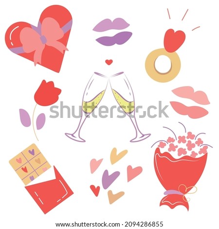 Set of vector illustrations of cute valentine's day paraphernalia. A gift with a bow, a ring, a bouquet of flowers kisses, glasses and chocolate. Funny set of stickers, icons, emblems, design elements