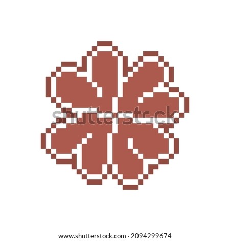 Pixel art lucky shamrock gingerbread cookie decorated with white sugar icing, 8 bit food icon isolated on white. Saint Patrick's day treat. Christmas Winter holiday dessert. Four-leaf clover symbol.
